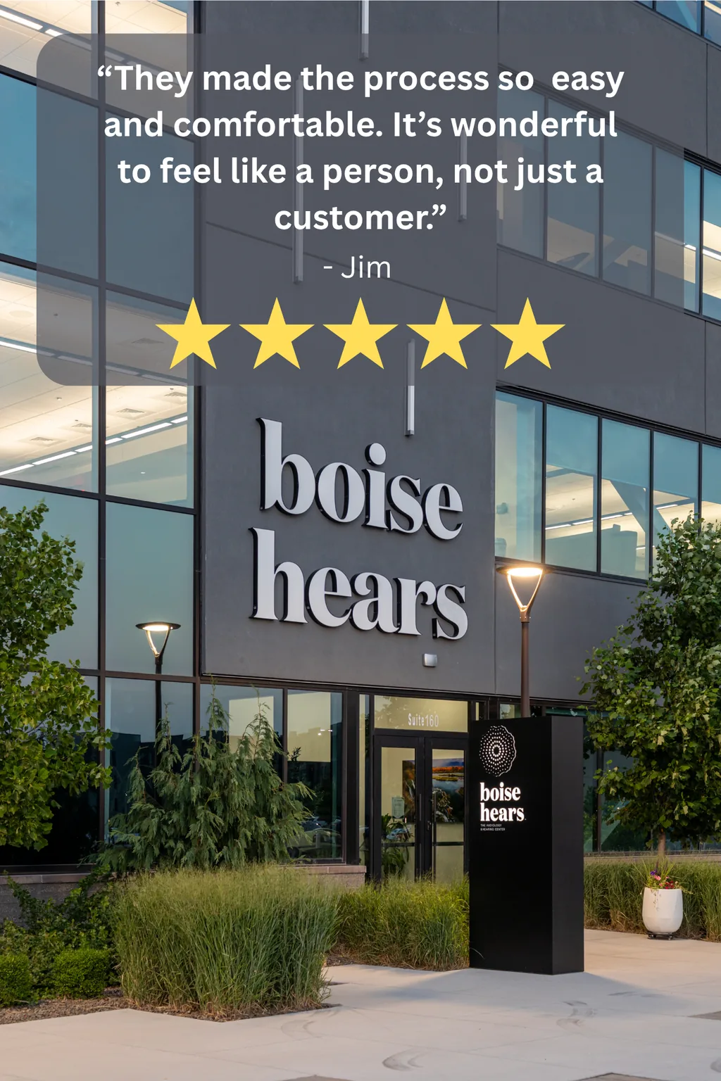 Five-star quote from Jim saying Boise Hears made the process easy and comfortable, shown above the Boise Hears office